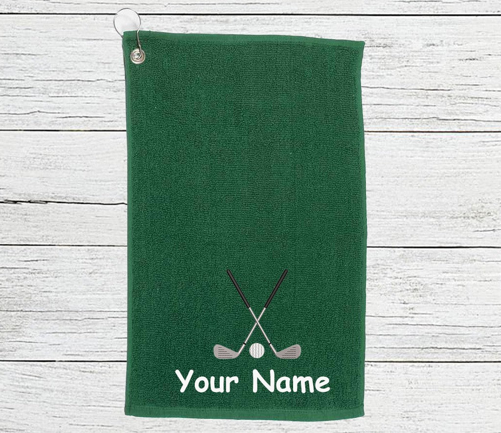 Personalised Golf Towel embroidered with golf clubs and your text/name