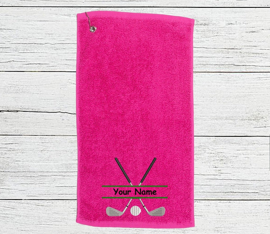 Personalised Golf Towel embroidered with golf clubs and Name   Choice of colours
