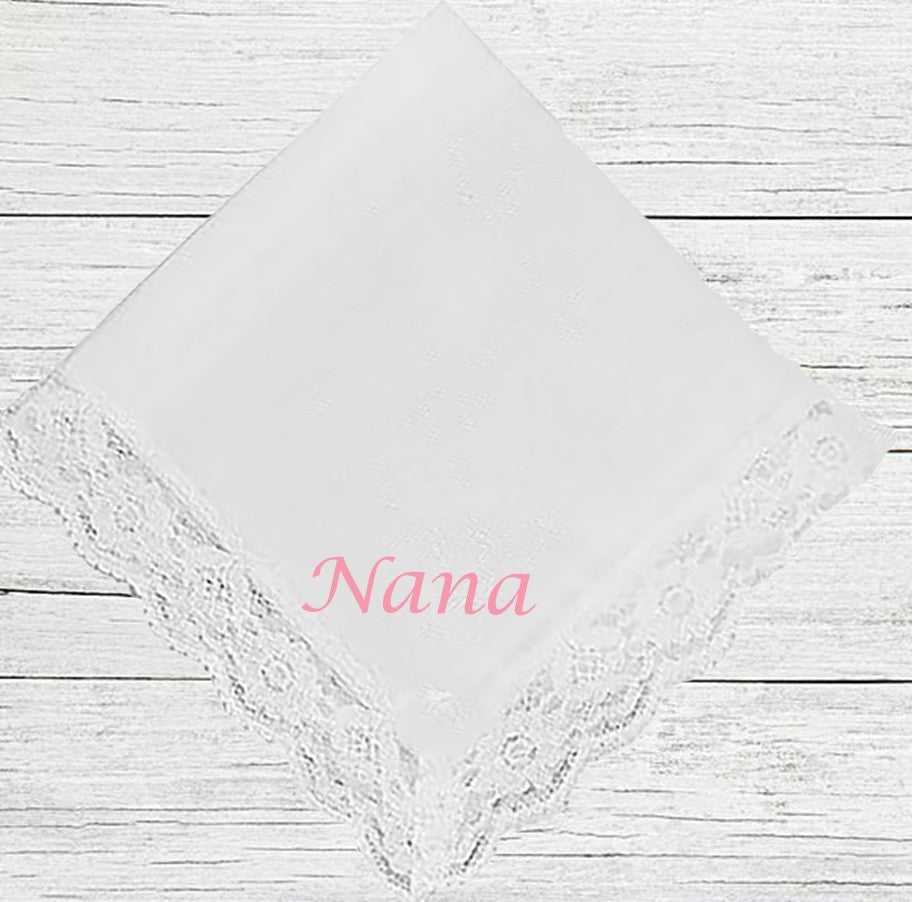 Lace Personalised Handkerchief - Embroidered Name on White Cotton Ladies Hanky