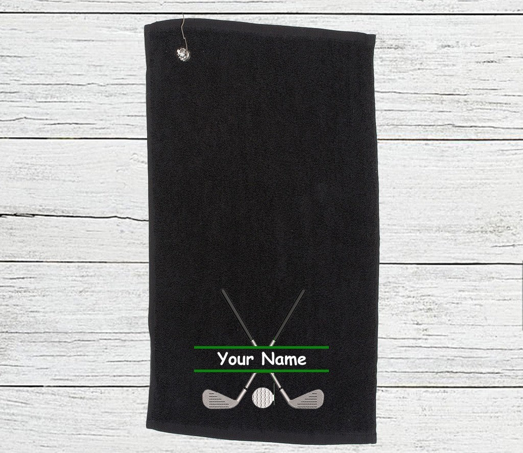 Personalised Golf Towel embroidered with golf clubs and Name   Choice of colours