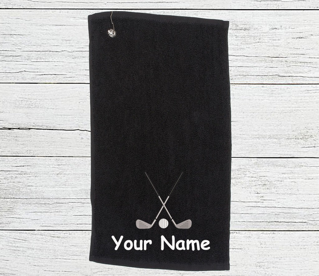 Personalised Golf Towel embroidered with golf clubs and your text/name