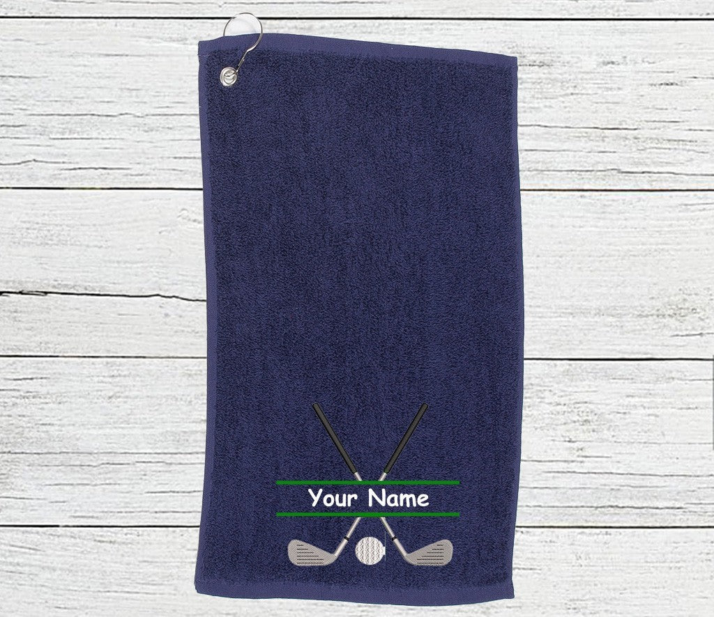 Personalised Golf Towel embroidered with golf clubs and Name   Choice of colours