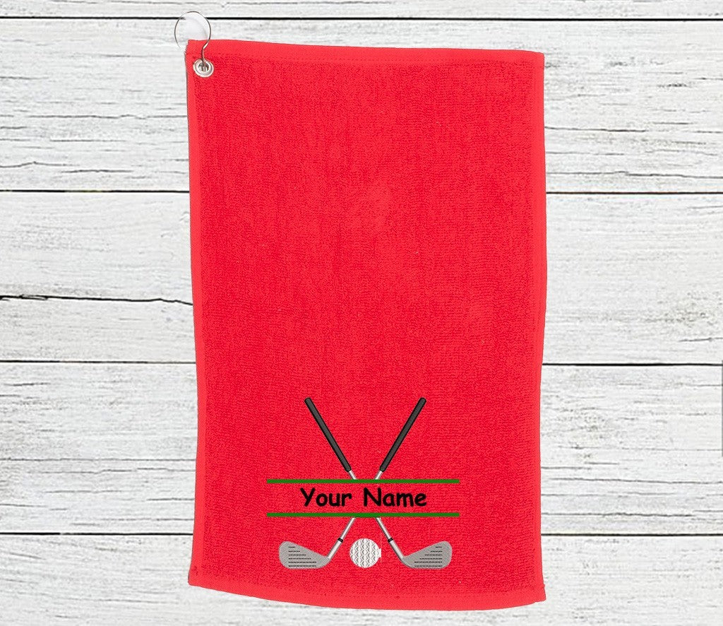 Personalised Golf Towel embroidered with golf clubs and Name   Choice of colours