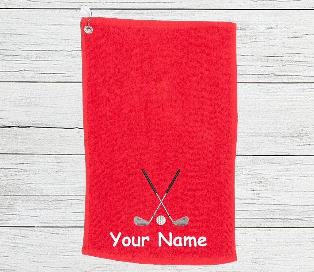 Personalised Golf Towel embroidered with golf clubs and your text/name