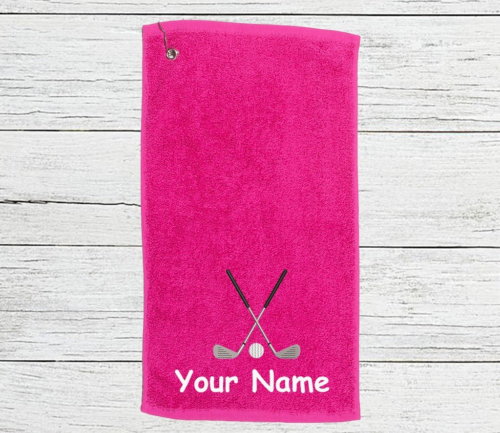 Personalised Golf Towel embroidered with golf clubs and your text/name