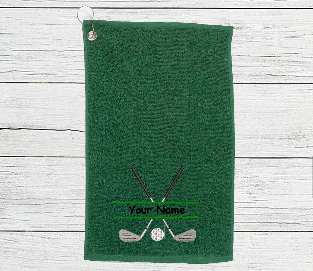 Personalised Golf Towel embroidered with golf clubs and Name   Choice of colours