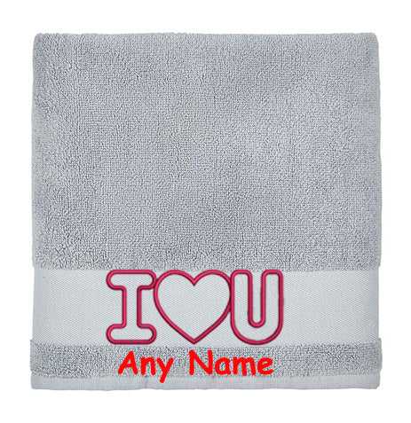 Personalised Embroidered I LOVE U Bath Towel  Name/text