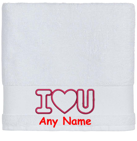 Personalised Embroidered I LOVE U Bath Towel  Name/text